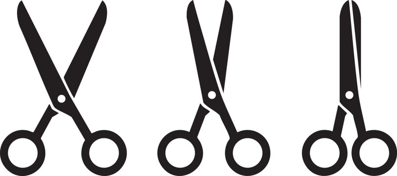 Scissors vector illustration set featuring three different open and closed tool positions for cutting paper, fabric, or hair, displayed as simple black flat silhouettes isolated on a white background