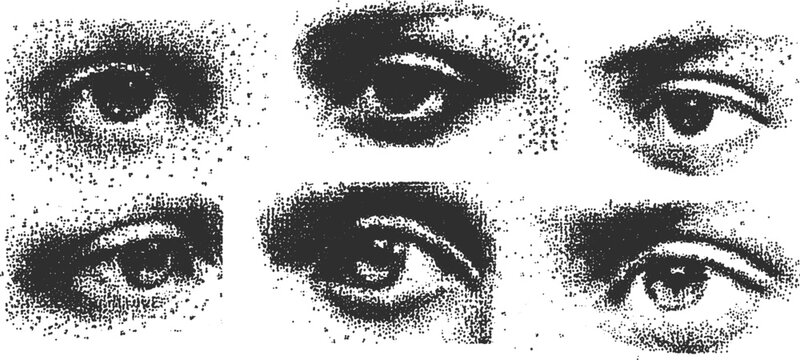 Eyes illustration in print style. Black and white vector set showcasing realistic details and textures, emphasizing artistry and vintage appeal.