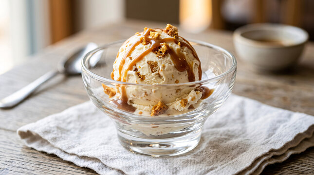 Vanilla hokey pokey style ice cream with caramel sauce served in a glass dessert bowl