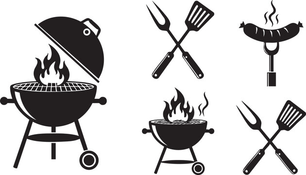Barbecue and grilling vector illustration graphic design icon set featuring essential elements for outdoor cooking, including charcoal grills with flames, crossed BBQ tools like spatulas and forks