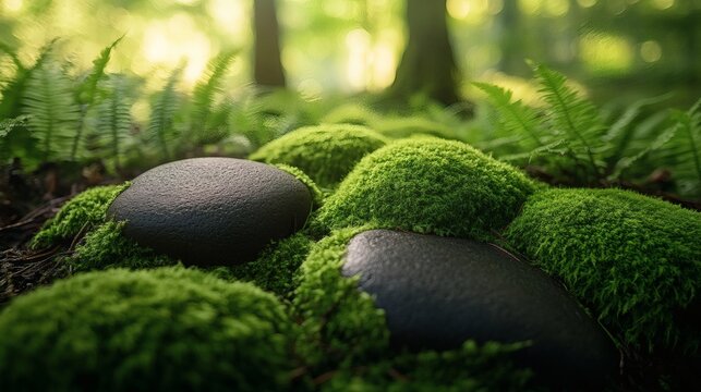 Close-up of vibrant green moss on dark river stones in a forest floor, serene nature and wellness environment concept with Komorebi sunlight filtering through leaves