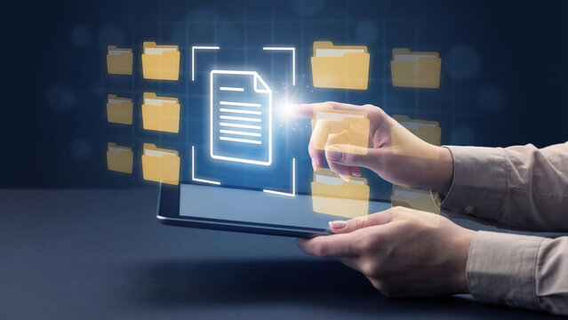 A user manages digital documents and folders on a tablet interface.