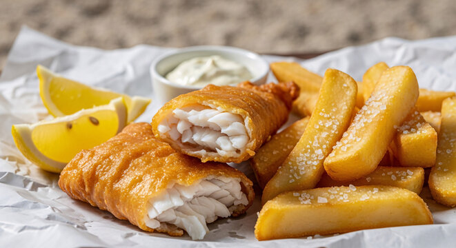 Crispy battered fish and thick-cut chips with lemon and tartar sauce on paper
