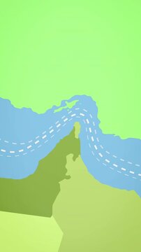 Stylized geopolitical map of the Strait of Hormuz showing maritime shipping lanes between Iran and Oman, highlighting global trade routes and strategic passage in the Persian Gulf.
