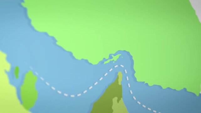 Minimalist maritime traffic map illustrating vessel routes across the Persian Gulf and Strait of Hormuz, focusing on ocean flow patterns and simplified geographic shapes without labels.a