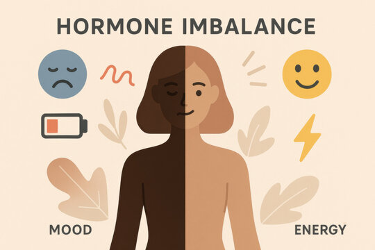 Hormone imbalance concept illustration of woman with split personality. An emotional health diagram showing mood and energy level changes for person with this problem