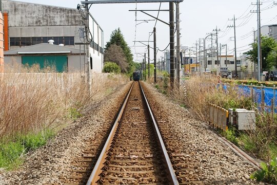 一点透視法、単線電車行く