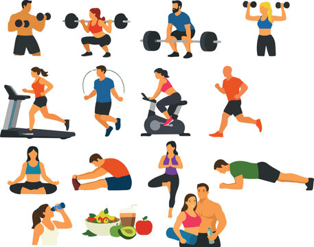 Professional Fitness Activity People Set for Gym Workout and Healthy Lifestyle Flat Vector Illustration