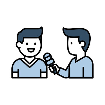 Journalist interviewing happy man with microphone, vector illustration