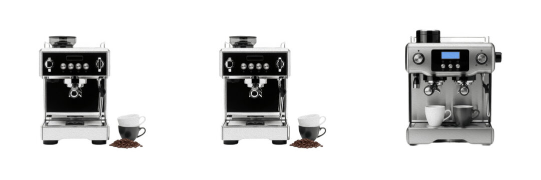 Set of Modern Espresso Coffee Machines with Cups and Coffee Beans Isolated on White Background