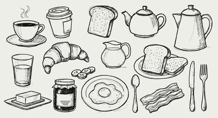 Breakfast Food Doodle Set Coffee Bread Teapot Croissant Hand Drawn Illustration © yuyayu Studio