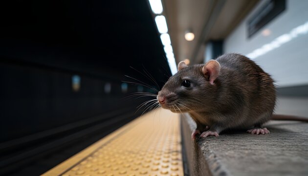 Close-up of a wild brown rat on subway platform edge in a dark underground transit station, illustrating urban hygiene and pest infestation for city living concept