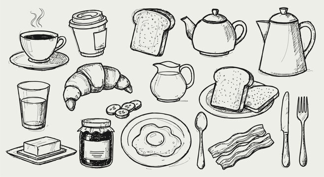Breakfast Food Doodle Set Coffee Bread Teapot Croissant Hand Drawn Illustration