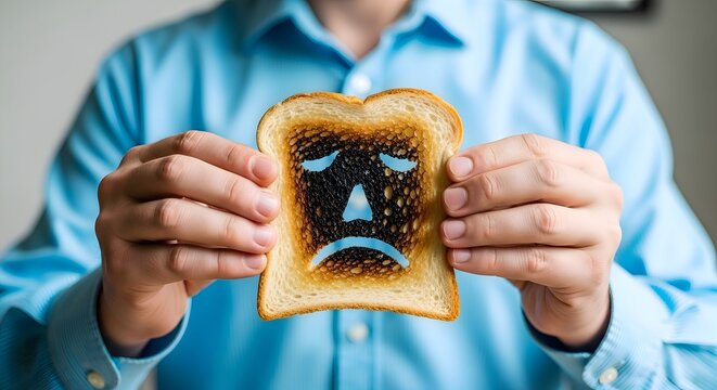Playful image of a young person holding a slice of toast with a comically burnt face, illustrating a breakfast mishap and a lighthearted morning moment.