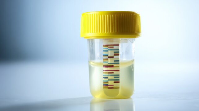 Clear medical urine sample container with colorful test strip under soft lighting