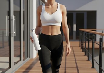 Fototapeta premium Athletic woman wearing white sports bra and black leggings holding white water bottle while walking on wooden outdoor deck next to a modern building with glass sliding doors.