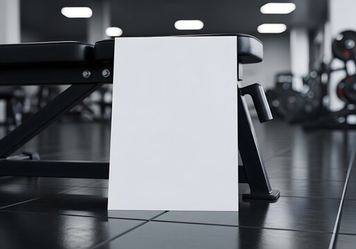 Blank white vertical poster mockup leaning against a black weight bench in a modern fitness gym interior with blurred exercise equipment and weights in the background.