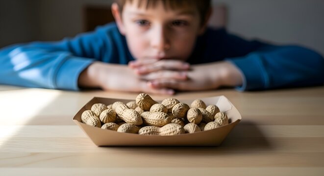 A young boy thoughtfully gazes at a small cardboard tray filled with raw peanuts, creating a poignant scene of childhood contemplation and potential allergy awareness.