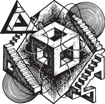 Intricate geometric maze with impossible perspectives and staircases intertwined in complex design hand drawing illustration vector