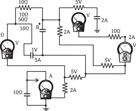Complex electrical circuit diagram with multiple voltage sources and resistors hand drawing illustration vector