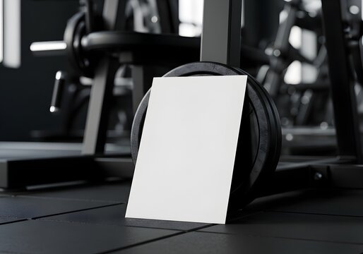Blank vertical white paper mockup leaning against a black Olympic weight plate on a gym floor, featuring blurred fitness machines and exercise equipment in a modern sport center.