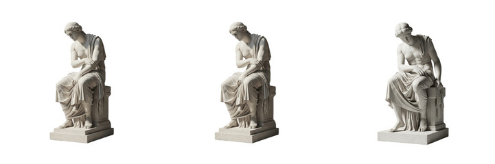 Fototapeta premium Classical Greek Goddess Stone Sculpture Set Featuring Seated Female Figure Isolated on White