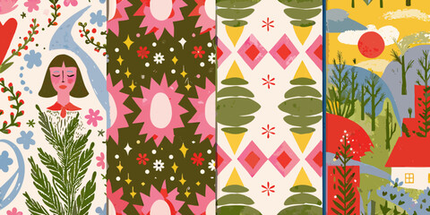 A vibrant collection of illustrated panels showcasing floral geometric and landscape motifs © Riya