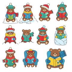 Cute Teddy Bears Reading Books in Winter Outfits and Snow © jono