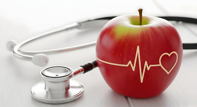 A vibrant red apple adorned with a white electrocardiogram line forming a heart shape, positioned beside a silver stethoscope on a clean, light-colored surface.