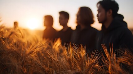 Fototapeta premium A small group of people stands together amidst golden stalks in a vast field illuminated by the warm glow of sunset