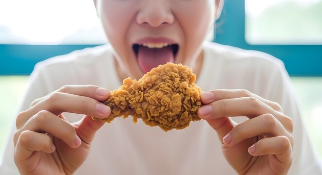 Close-up of a young person eagerly enjoying a crispy, golden-fried chicken piece, mouth open in anticipation, showcasing a delightful and tempting snack experience.