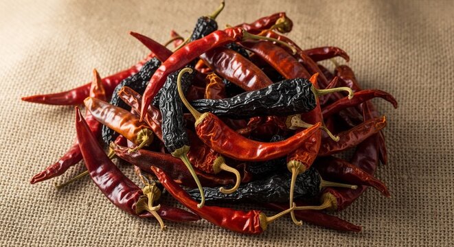 Pile of Assorted Dried Red and Black Chili Peppers on Burlap