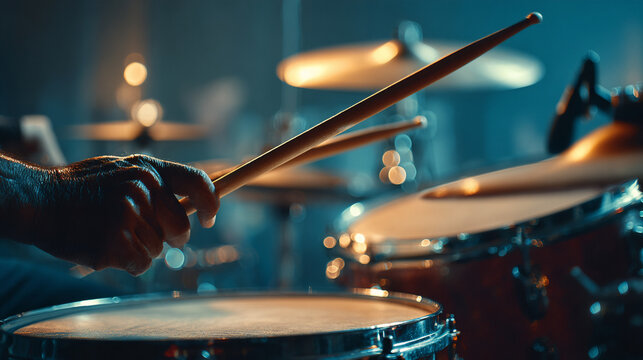 Drummer playing drum kit close-up. Live music concept.