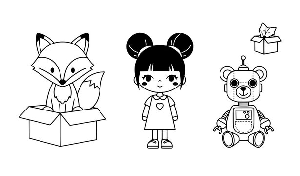 Cute fox girl robot bear vector black white character set kids illustration