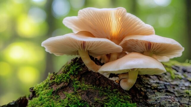 Macro close-up of wild Mycena mushrooms growing on mossy tree bark with dappled Komorebi sunlight, natural forest wellness and eco-friendly environment concept still life