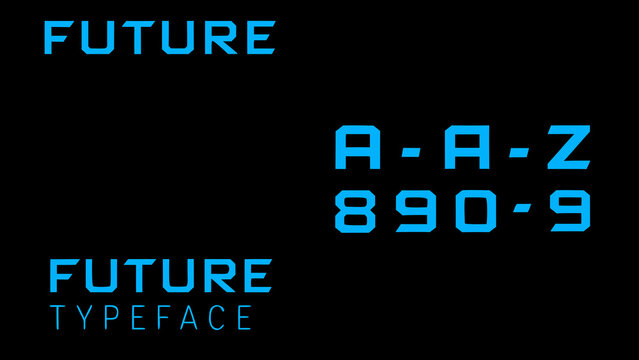 A futuristic display presents the word future and alphanumeric characters on black