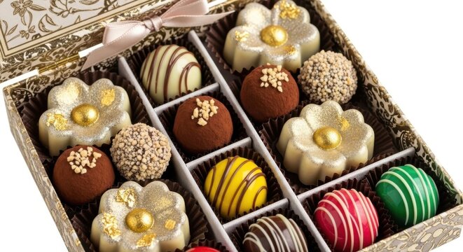Assorted gourmet truffles displayed in an elegant wooden box