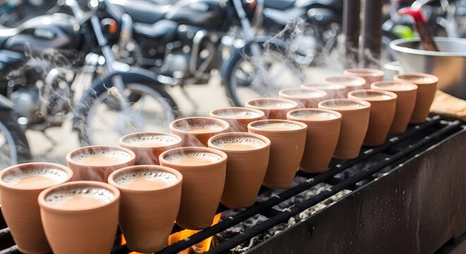 Traditional clay cups of steaming chai tea heated over glowing embers on a charcoal brazier, with blurred motorcycles in the background, capturing a cultural scene.
