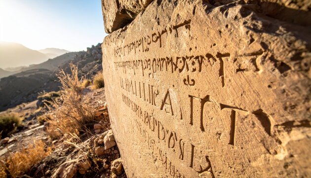 Ancient Phoenician script deeply carved into a rough, weathered stone slab in an outdoor historical setting