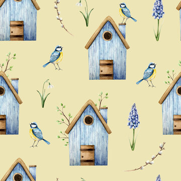 Seamless pattern with cute birdhouse, snowdrop, muscari flowers, branch with leaves and blue tit perche. Watercolor titmouse, easter hand drawn illustration isolated on background, transparent png