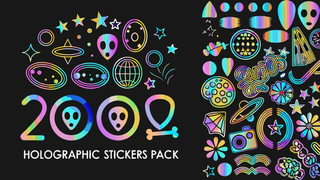 A vibrant collection of holographic stickers featuring aliens stars and retro designs