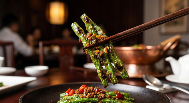 A side-view shot of a pair of chopsticks lifting three or four shriveled string beans. The beans look tender yet charred, with bits of preserved mustard greens (ya cai) and garlic stuck to them. 