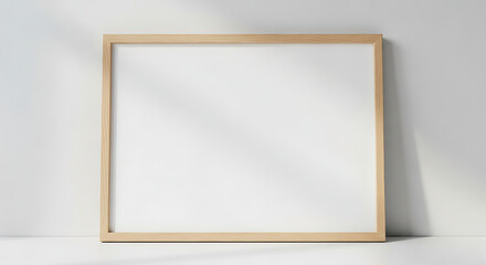 Fototapeta premium A blank white picture frame with a light wood border stands against a plain wall 4K, HD