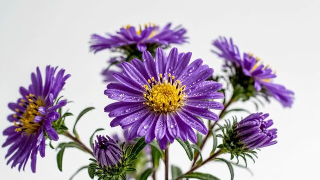 Macro closeup of purple aster flowers with dew drops on petals, vibrant natural botanical detail.