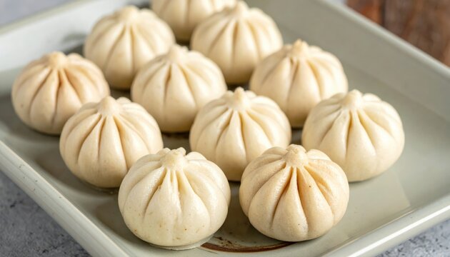 Delicate mushroom-shaped steamed buns arranged attractively on a serving platter, showcasing their intricate pleating and soft texture.