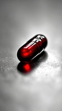 Close up of a single red capsule with reflective surface for medical and health concepts