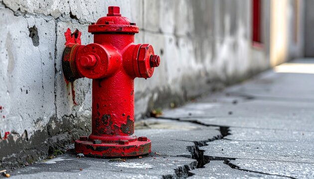Vibrant Red Fire Hydrant Against an Old Textured Wall Urban Detail Public Safety Equipment and Infrastructure.