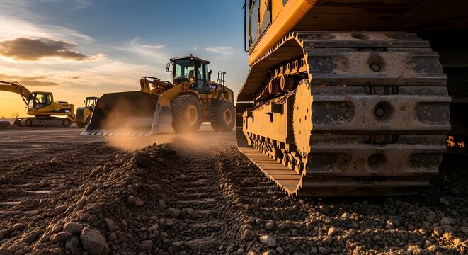 Dramatic Low Angle Heavy Equipment Construction Vehicle Silhouette at Sunset