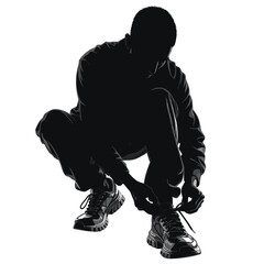 Naklejka premium Athletic man silhouette tying shoelaces, male runner preparing for workout vector, sportsman crouching to lace up sneakers on white background