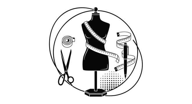 Fashion design, dressmaking tools, tailoring icons, sewing accessories, vector graphics